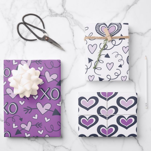 Purple Valentines Day Hearts Wrapping Paper Sheets (Front)
