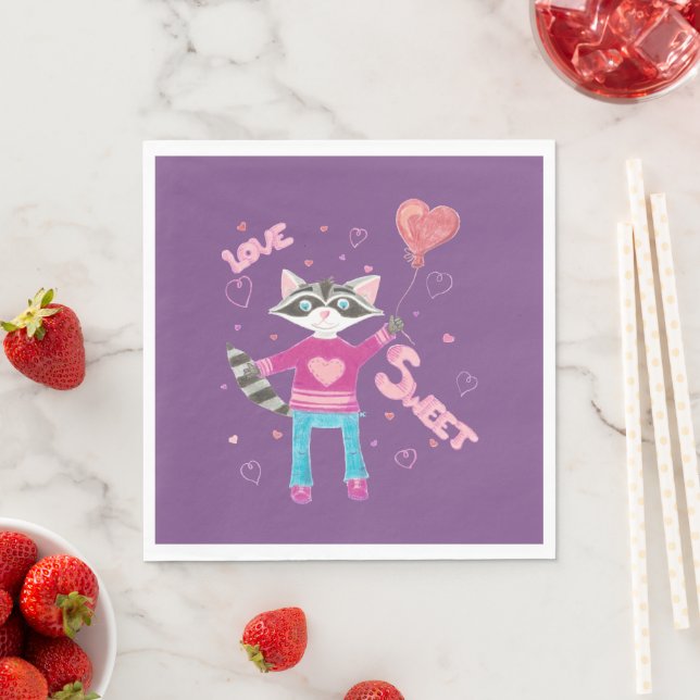 Purple Valentine's Day napkins with raccoon (Insitu)