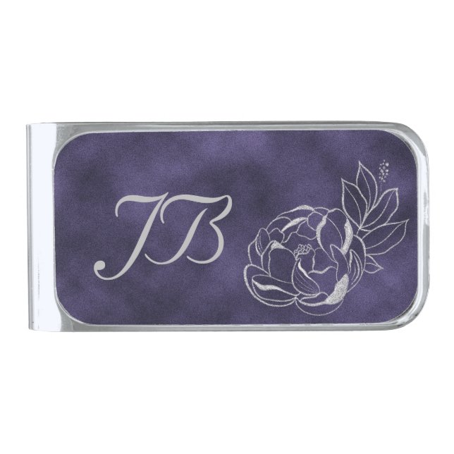Purple Velvet Silver Rose Monogram Money Clip (Front)