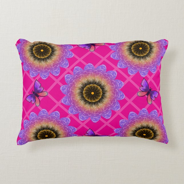 Purple Velvet Sunflower & Butterfly Pattern Accent Pillow (Front)