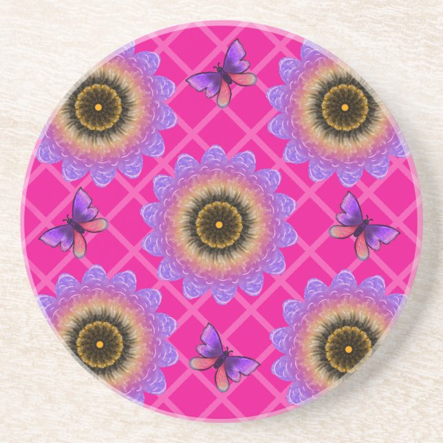 Purple Velvet Sunflower & Butterfly Pattern Coaster (Front)