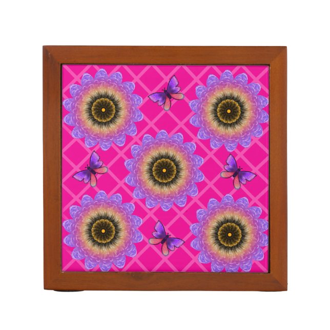 Purple Velvet Sunflower & Butterfly Pattern Desk Organizer (Front)