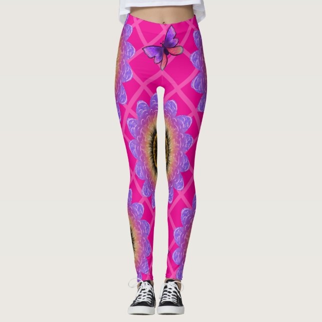 Purple Velvet Sunflower & Butterfly Pattern Leggings (Front)