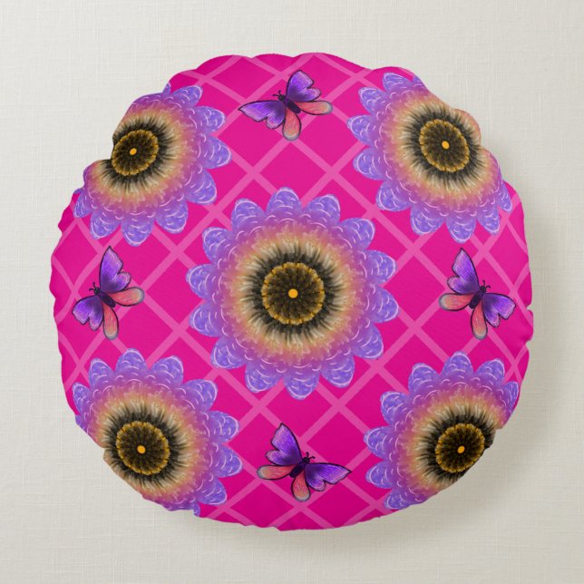 Purple Velvet Sunflower & Butterfly Pattern Round Pillow (Front)