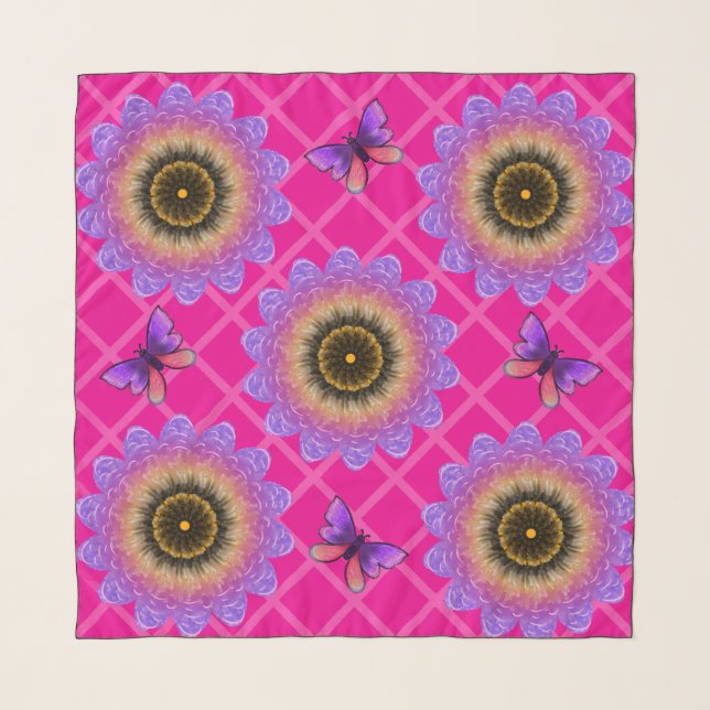 Purple Velvet Sunflower & Butterfly Pattern Scarf (Front)