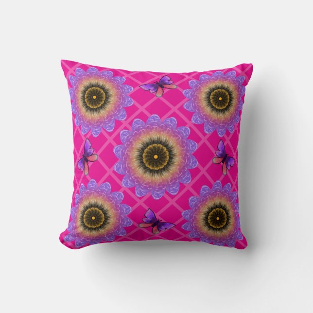 Purple Velvet Sunflower & Butterfly Pattern Throw Pillow (Front)