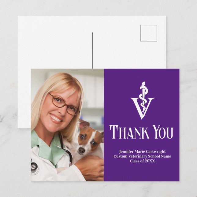 Purple Veterinarian Photo Custom Thank You Postcard (Front/Back)
