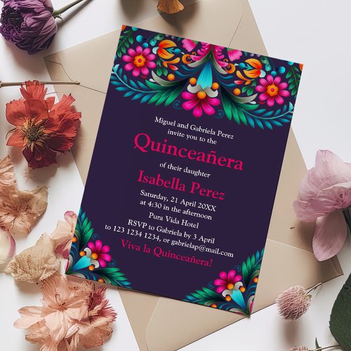 Purple Vibrant Floral Quinceanera Mexican Fiesta Invitation