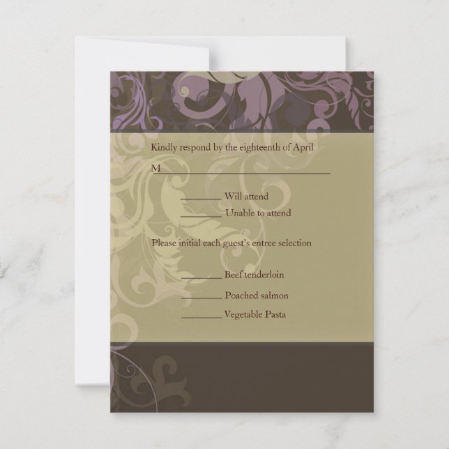 Purple Victoria Damask wedding RSVP Card (Front)