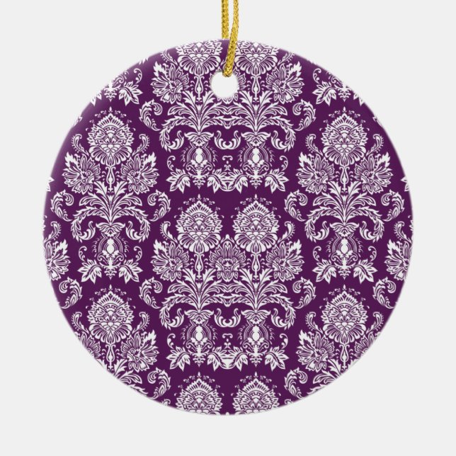 Purple Victorian Damask Ceramic Ornament (Front)
