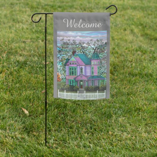 Purple Victorian House Picket Fence Romantic Garden Flag