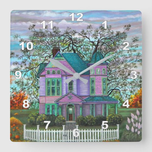 Purple Victorian House Pumpkins Wagon Autumn Square Wall Clock