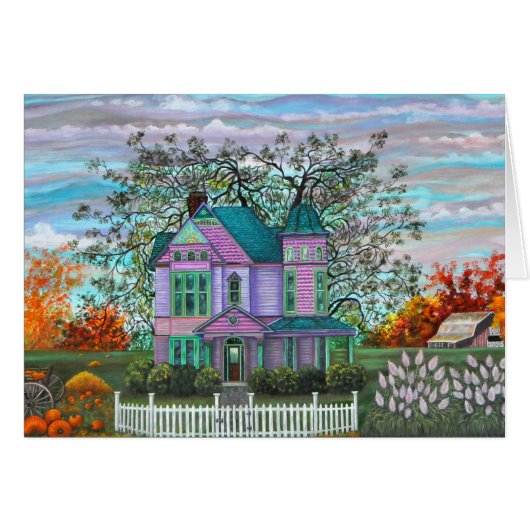 Purple Victorian House Pumpkins Wagon Fall Trees Cards (Front Horizontal)