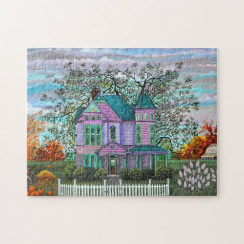 Purple Victorian House Pumpkins Wagon Fall Trees Jigsaw Puzzle