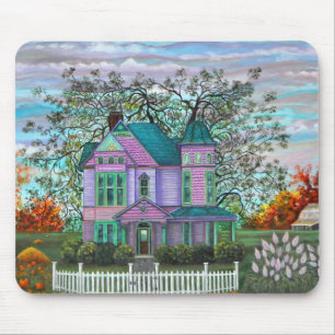 Purple Victorian House Pumpkins Wagon Fall Trees Mouse Pad