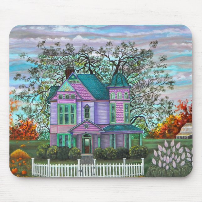 Purple Victorian House Pumpkins Wagon Fall Trees Mouse Pad (Front)