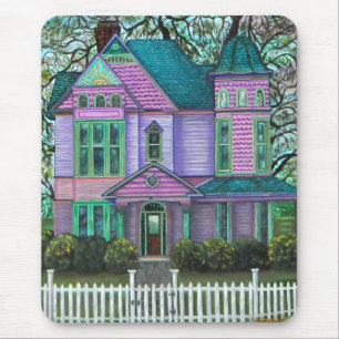 Purple Victorian House Pumpkins Wagon Fall Trees Mouse Pad