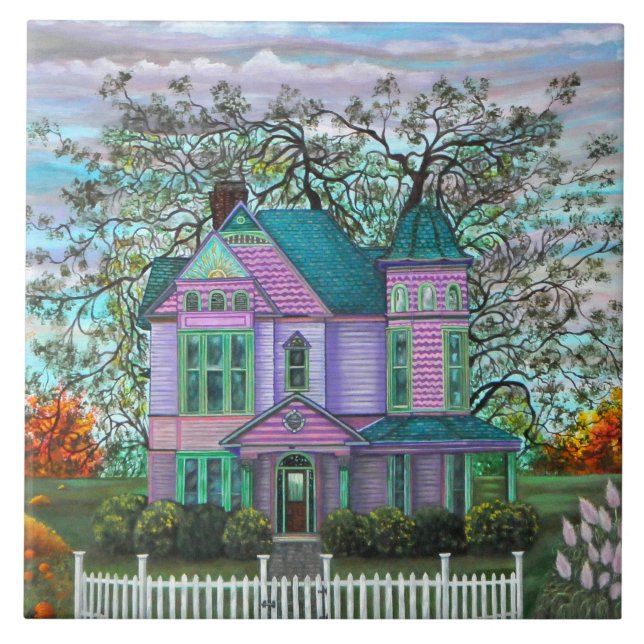 Purple Victorian House Pumpkins Wagon Fall Trees Tile (Front)