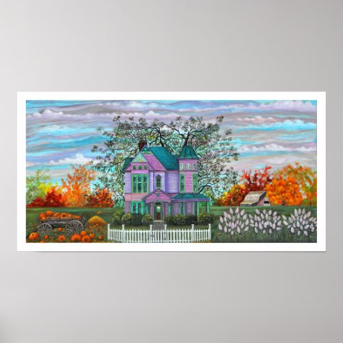 Purple Victorian House Wagon Pumpkins Fall Trees Poster