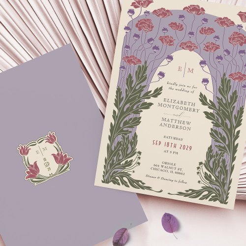 Purple Vintage Art Nouveau Violet Floral Wedding Invitation