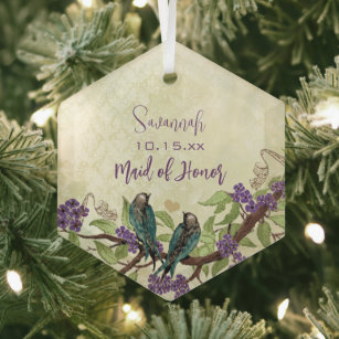 Purple Vintage Bird Maid of Honor Ornaments