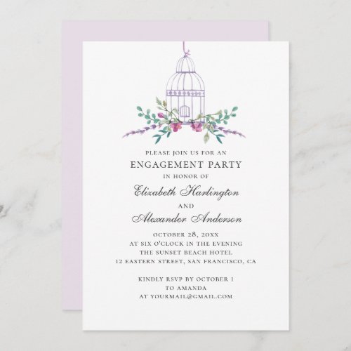 Purple vintage birdcage Floral engagement party Invitation