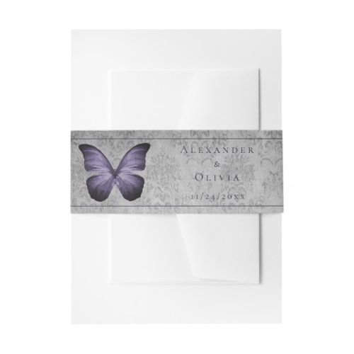 Purple Vintage Butterfly Damask Invitation Belly Band