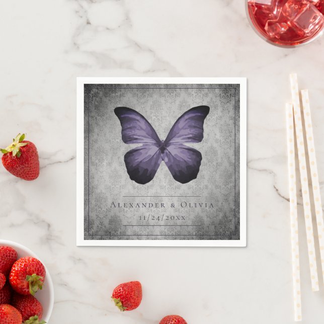 Purple Vintage Butterfly Damask Wedding Napkins (Insitu)
