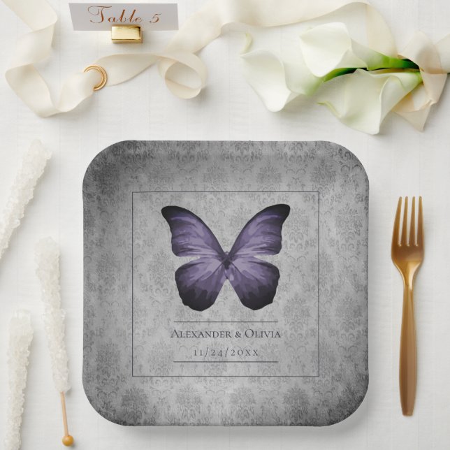 Purple Vintage Butterfly Damask Wedding Paper Plates (Wedding)