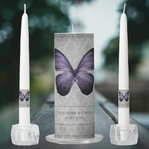 Purple Vintage Butterfly Damask Wedding Unity Candle Set