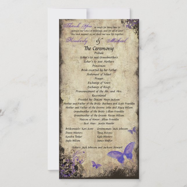 Purple Vintage Butterfly Wedding Program Photocard (Front)