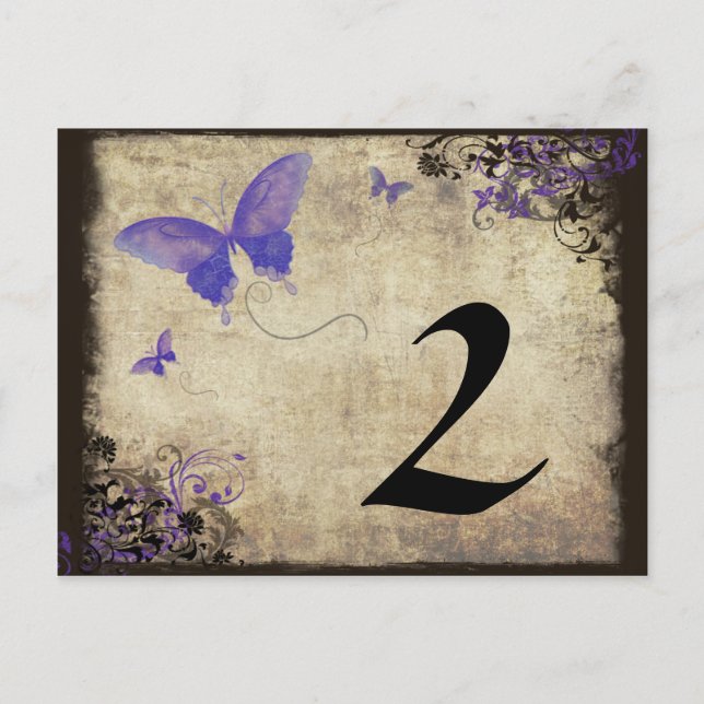 Purple Vintage Butterfly Wedding Table Number (Front)