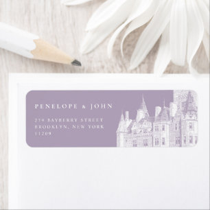 Purple Vintage Castle Illustration Wedding Return Label