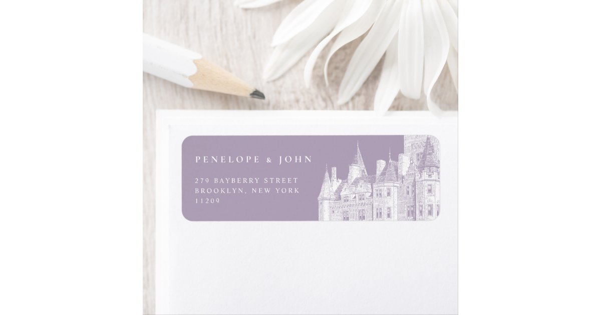 Purple Vintage Castle Illustration Wedding Return Label | Zazzle
