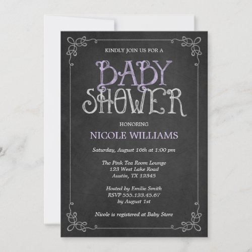 Fancy Frame Orchid Vintage Chalkboard Baby Shower Custom Invitations