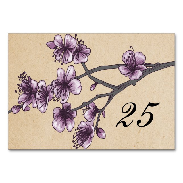 Purple Vintage Cherry Blossoms Table Card (Front)