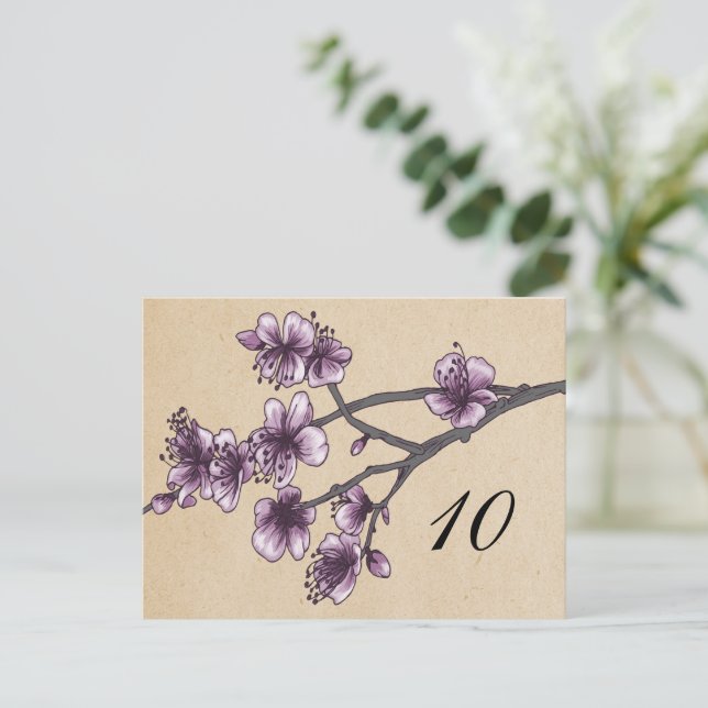 Purple Vintage Cherry Blossoms Table Number (Standing Front)