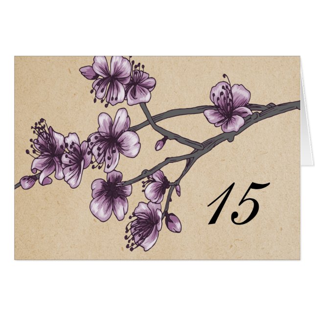 Purple Vintage Cherry Blossoms Table Number Card (Front Horizontal)