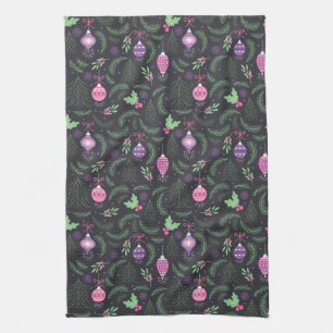 Purple Vintage Christmas Ornament Pattern Kitchen Towel