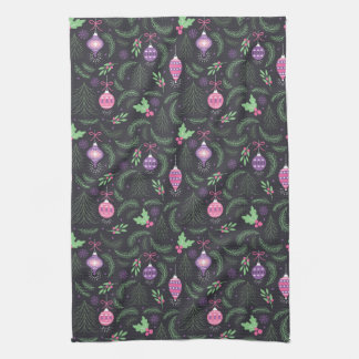 Purple Vintage Christmas Ornament Pattern Kitchen Towel