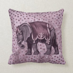 Purple Vintage Circus Elephant on Polka Dots Throw Pillow