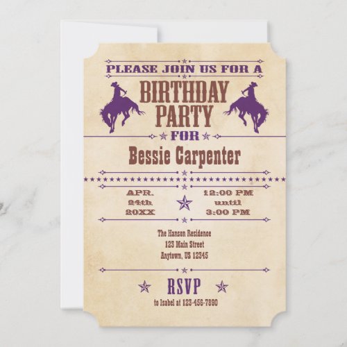 Purple Vintage Cowboy Birthday Invitation