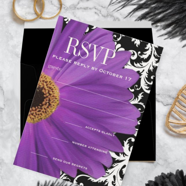 Purple Vintage Damask Gerber Daisy Wedding RSVP  Invitation (Creator Uploaded)