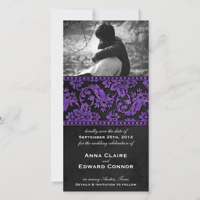 Purple Vintage Damask Lace Save the Date (Front)