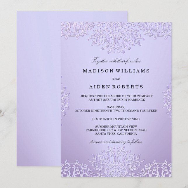 Purple Vintage Damask Wedding Invitation (Front/Back)