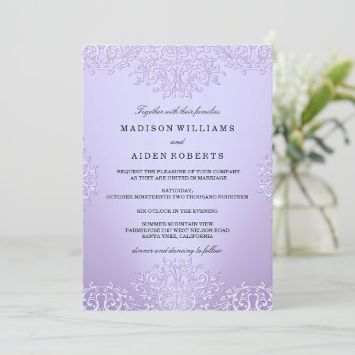 Purple Vintage Damask Wedding Invitation | Zazzle