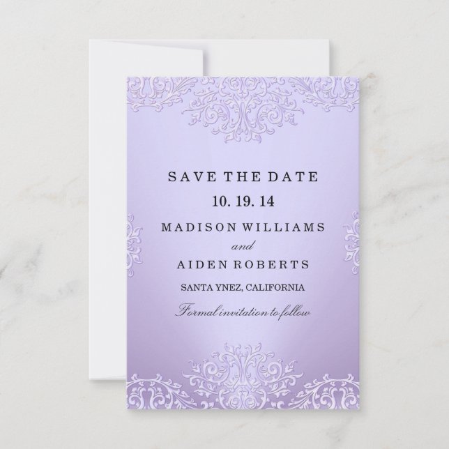 Purple Vintage Damask Wedding Save The Date (Front)