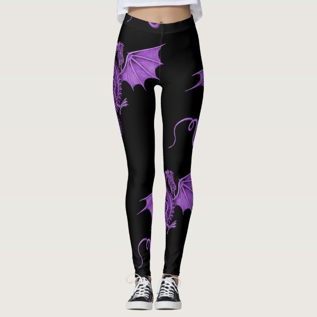 Purple Vintage Dragon Black Leggings (Front)