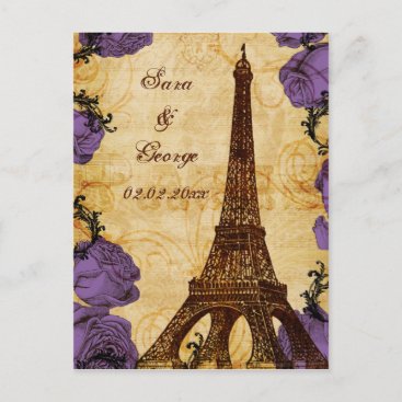 purple vintage eiffel tower Paris save the date Announcement Postcard