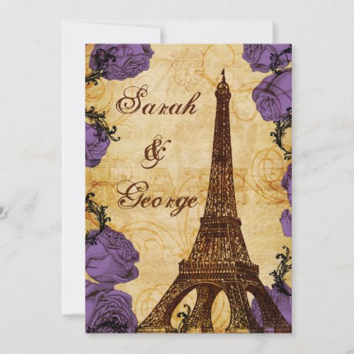 purple vintage eiffel tower Paris wedding invite